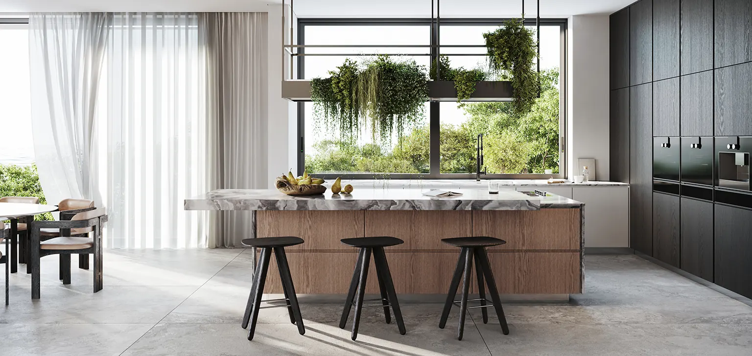 Modern kitchen with an island bench and large-format floor tiles